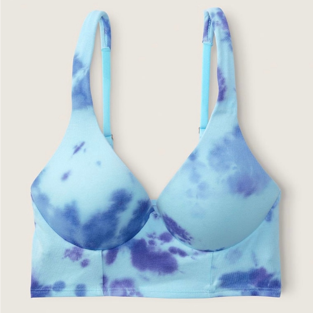 VS PINK LOUNGIN' COTTON WIRELESS PUSH-UP BRALETTE, Small-DD, Blue Tie Dye